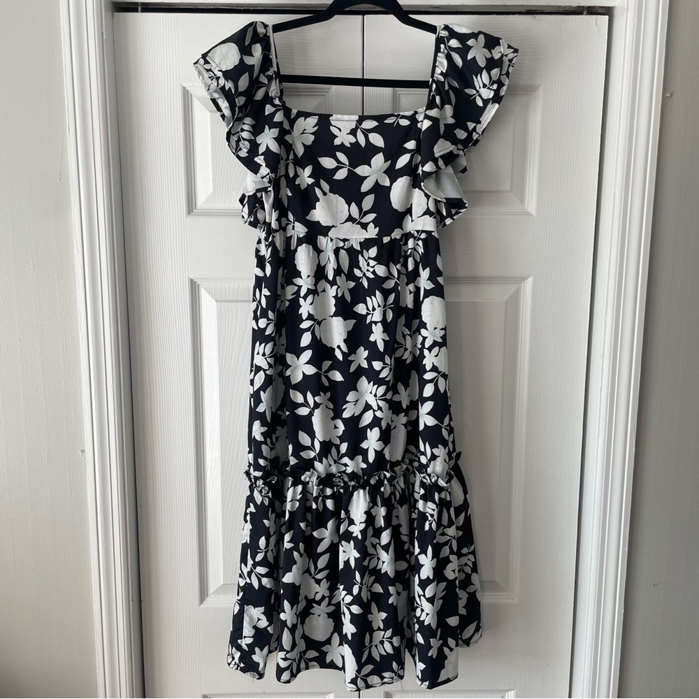 Sunday Up Black and White Floral Patterned Midi Dress